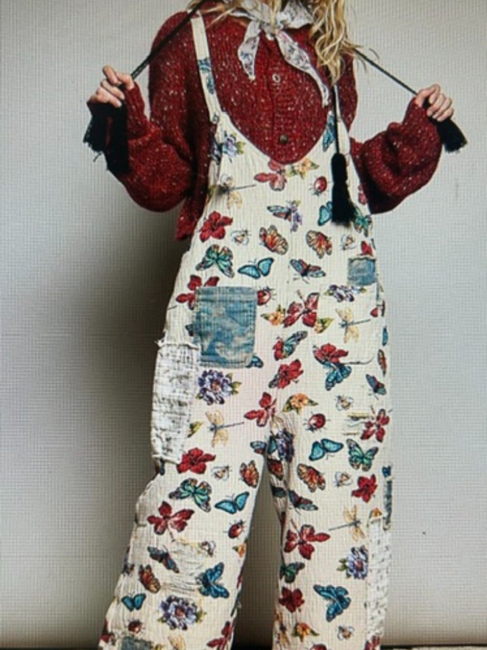 Pol Patchwork Sweet Almond Butterfly Garden Button Strap  Mixed Fabric Overalls